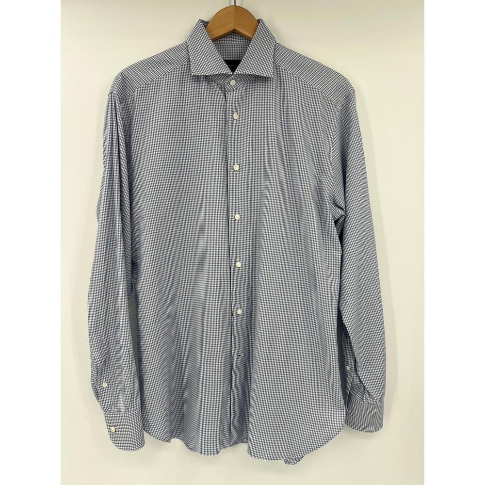 Ermenegildo Zegna Size 16 41 Regular Fit Blue White Gingham Dress Shirt